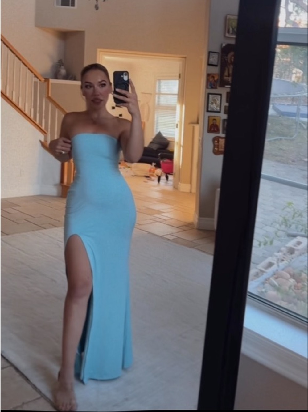 Cache Strapless Light Blue Maxi Dress with High Side Slit